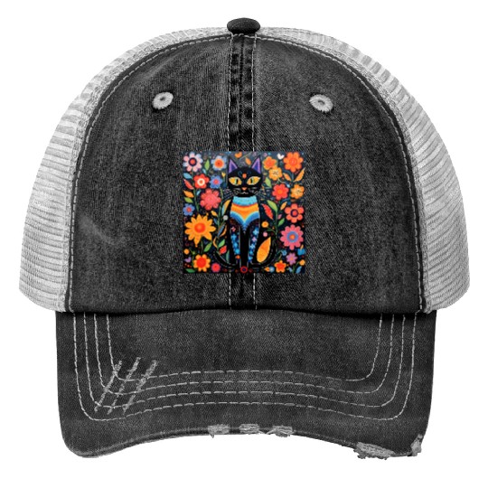 Folk Art Cat Floral Print Trucker Hats