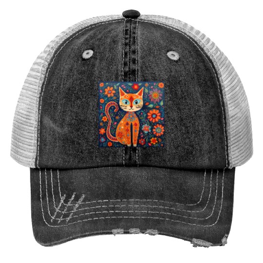 Folk Art Cat Floral Print Trucker Hats