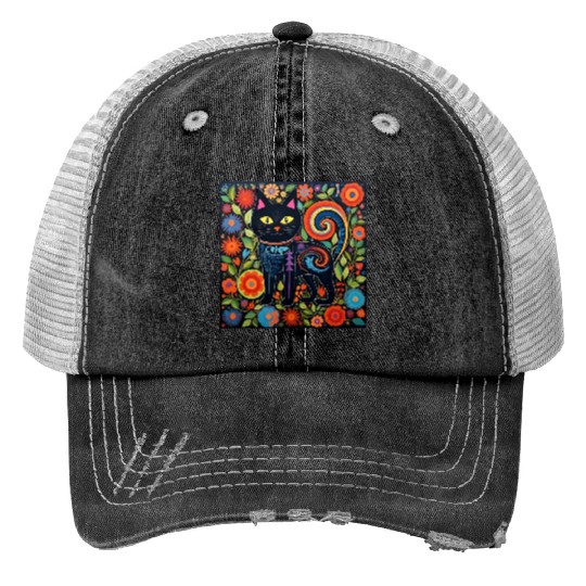 Folk Art Cat Floral Print Trucker Hats