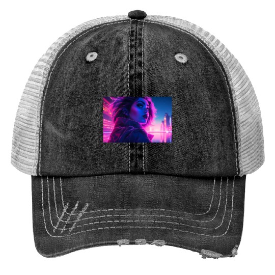 Synthwave Girl - Futuristic Design neon colors Print Trucker Hats