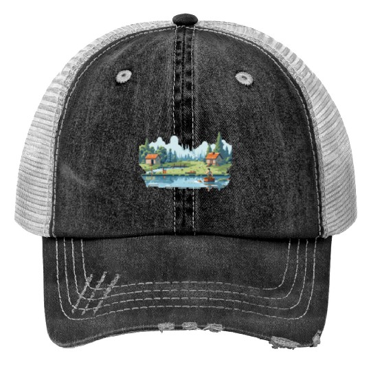 Fisherman Nature 8-bit style Print Trucker Hats