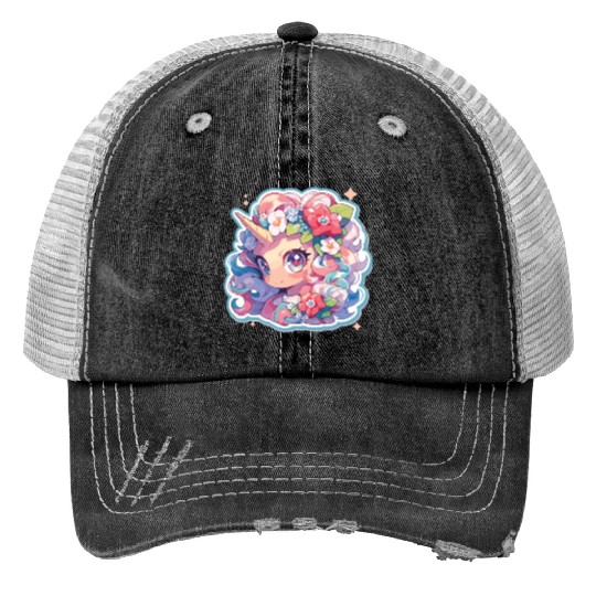 Flowers Unicorn Unicorn Flowers Fable Mystery Print Trucker Hats