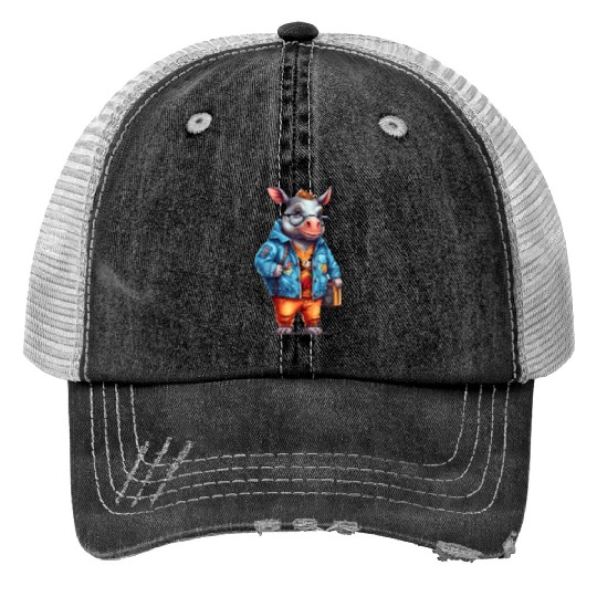 Cute Rhinoceros Cartoon Print Trucker Hats
