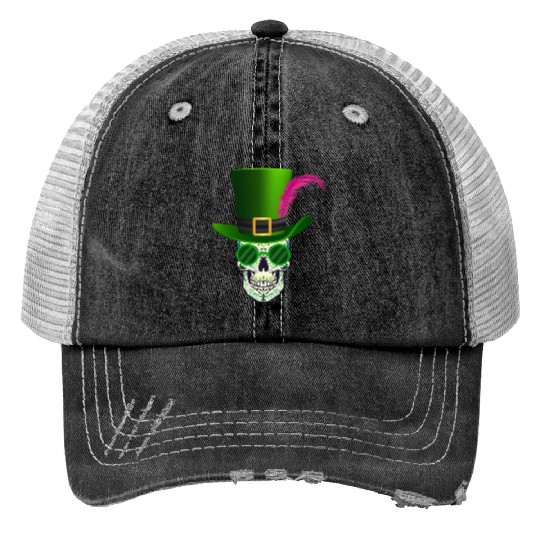 Sugar Skull Saint Patricks Day Of Dead Print Trucker Hats