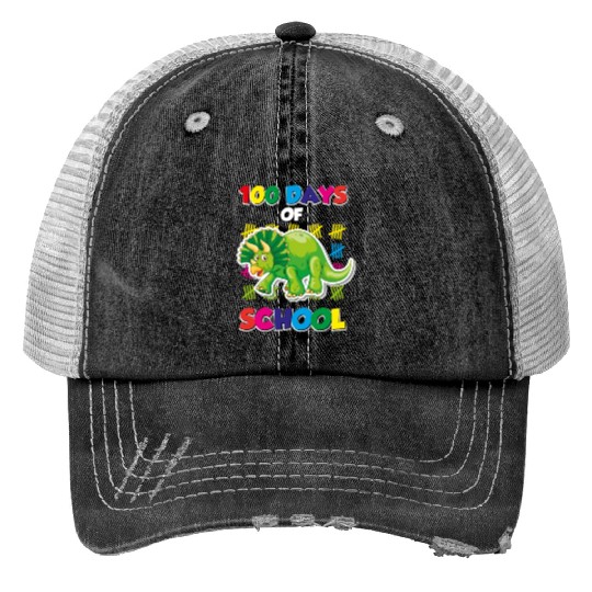 100 days of school green triceratops Print Trucker Hats