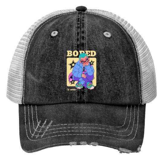 Black Cream Blue Y2K Anime Illustrated Bored Print Trucker Hats