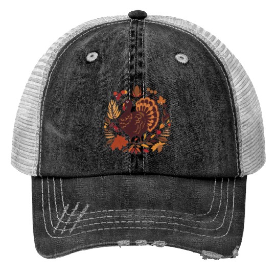 Turkeys, Harvest, and Gratitude Print Trucker Hats