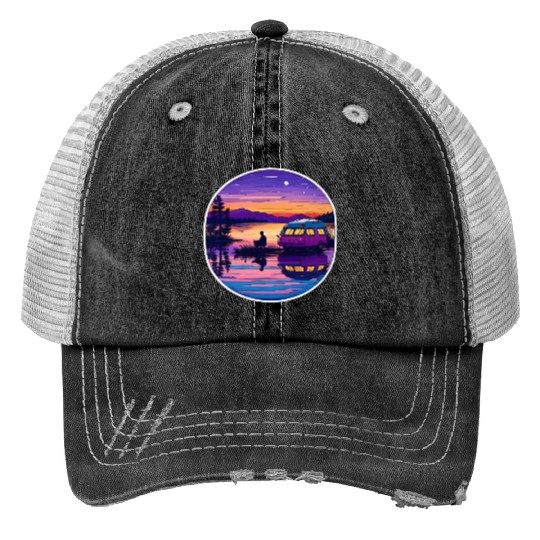 A Camper Enjoying A Peaceful Lakeside Print Trucker Hats