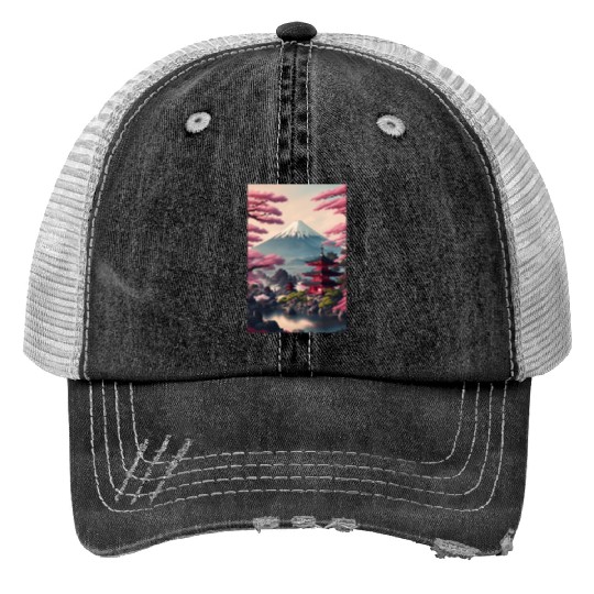 Asia Landscape Serene Mount Fuji Print Trucker Hats