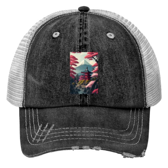 Asia Landscape Serene Mount Fuji Print Trucker Hats