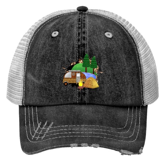Camping car adventure mountain landscape journey Print Trucker Hats