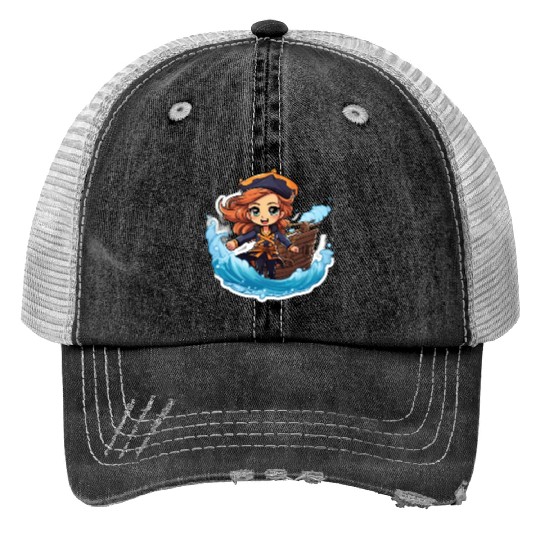 The Captains Charm Cartoonish Pirate at Sea Print Trucker Hats