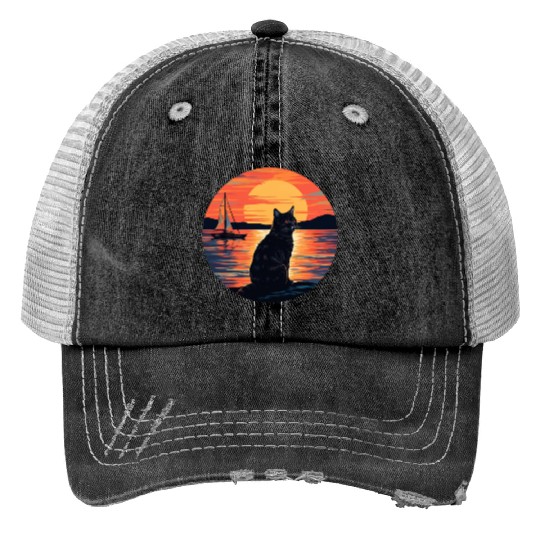 Black Cat Sailing at Sunset - Nautical Animal Print Trucker Hats