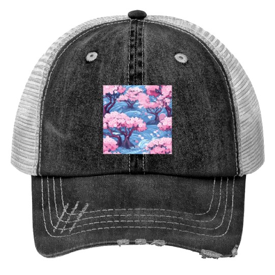 Anime Euphoria: Fantasy Cherry Blossom Dreamscape Print Trucker Hats