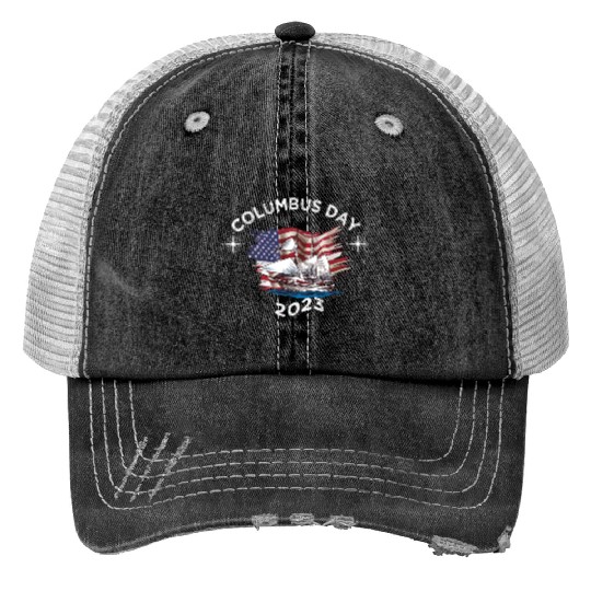 Exploring Columbus Day Compasses USA Flags Print Trucker Hats