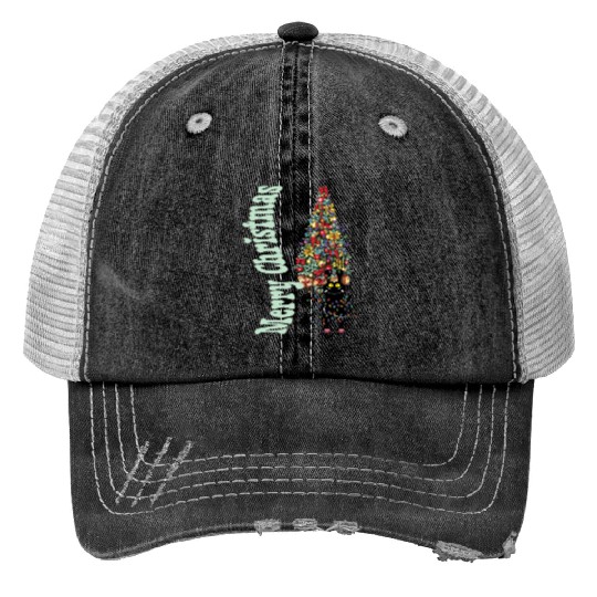 Cat Tangled In the Christmas Tree Lights Print Trucker Hats
