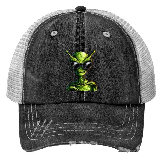 Cool Green Alien - Extraterrestrial with Print Trucker Hats