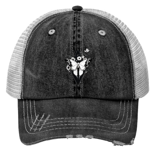 Black and White Gothic Moth Print Trucker Hats