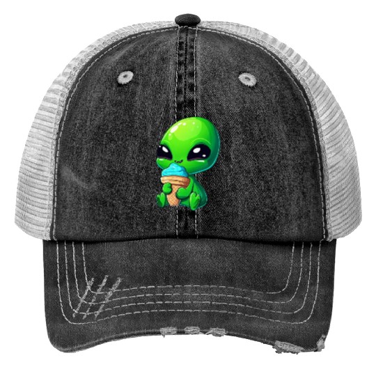 Alien Extraterrestrial Ice Blue Green Print Trucker Hats