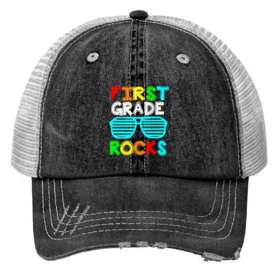 First Grade Rocks Back To School Print Trucker Hats