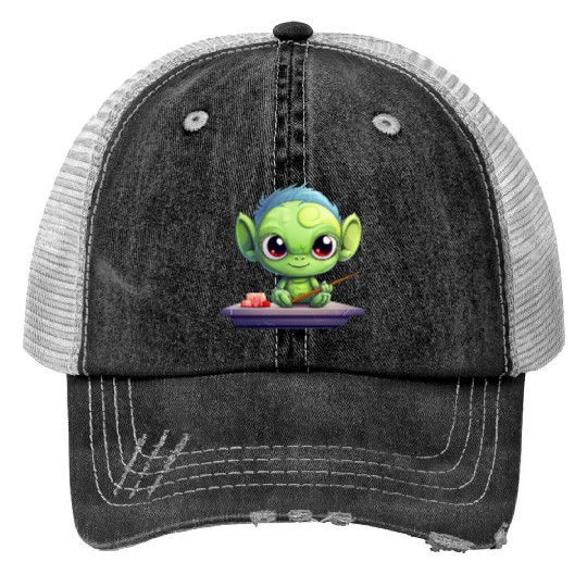 Alien Enjoying Sushi Print Trucker Hats
