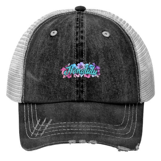 Honolulu Hawaii Hibiscus Print Trucker Hats