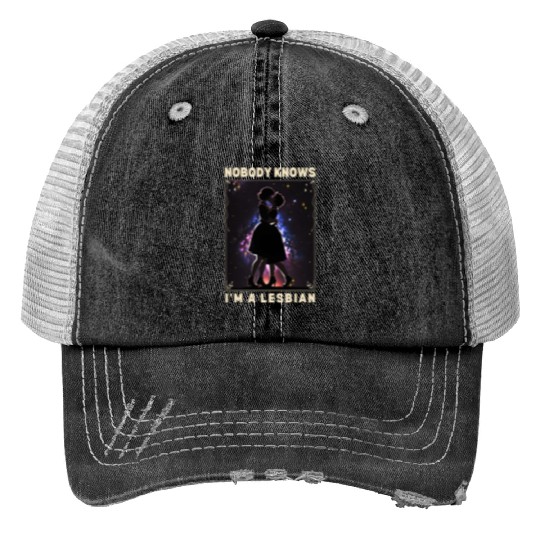 Nobody Knows I'm a Lesbian Couple Kissing LGBTQ Print Trucker Hats