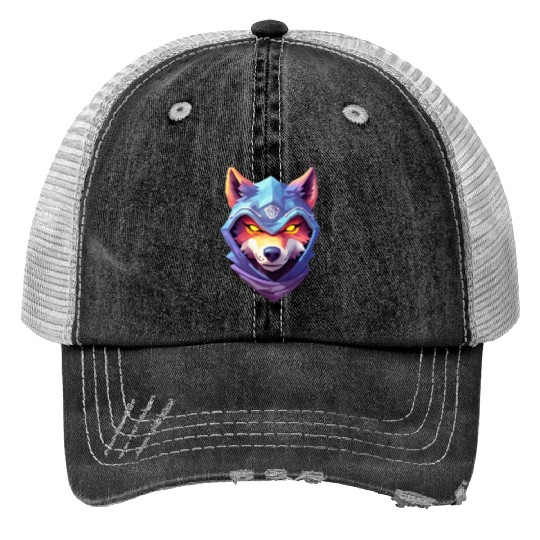 Hooded Alpha Wolf Ninja: Leader of the Night Print Trucker Hats