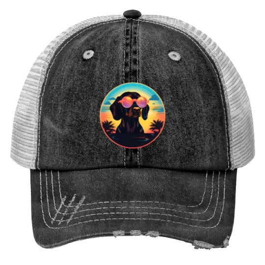 Sunset Serenity: Vintage Dachshund Silhouette Amid Print Trucker Hats