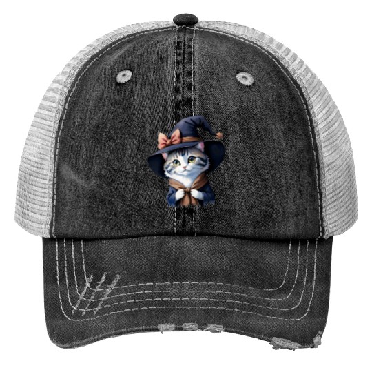 Cute Watercolor Witch Cat Print Trucker Hats