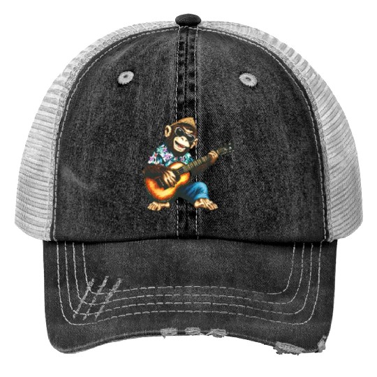 Aloha monkey with guitar Print Trucker Hats