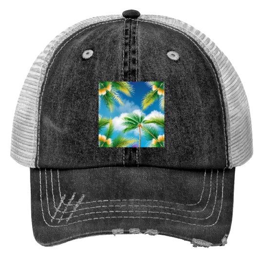 Tropical Whispering Palm Trees Print Trucker Hats