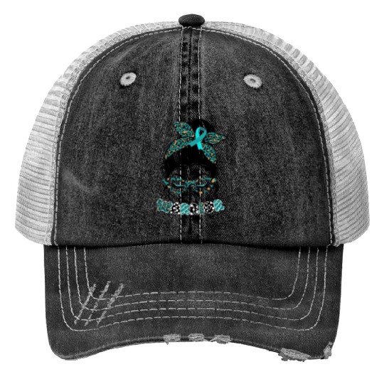 Cervical Cancer Warrior Messy Bun Girl Design Print Trucker Hats