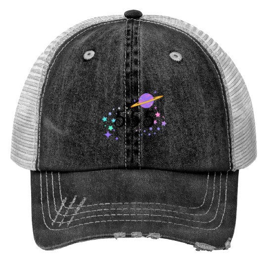 Angel Numbers 555 Purple Saturn with Stars Print Trucker Hats