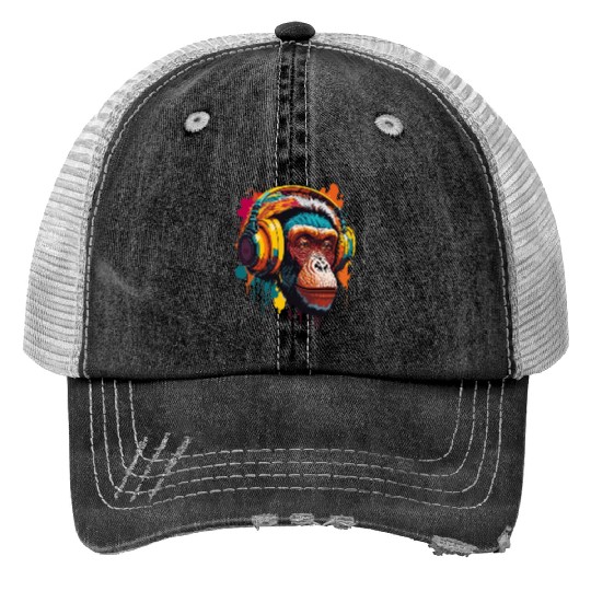 Chimpanzee Wearing Headphone Print Trucker Hats