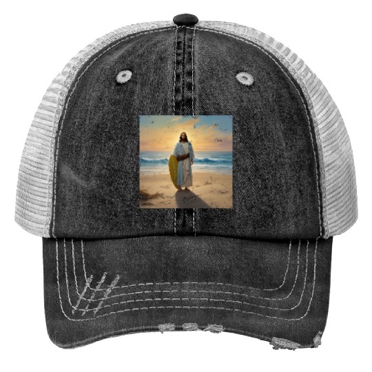 Surfing Jesus Print Trucker Hats
