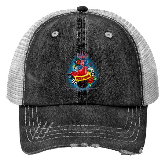 Pin up, Hot rod and Speedometer Print Trucker Hats