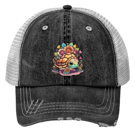 Sweet Turtle among the roses Print Trucker Hats