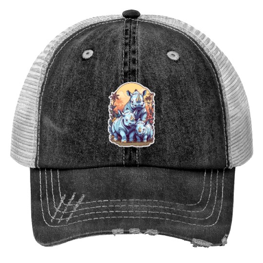 Rhinos Kawaii Print Trucker Hats