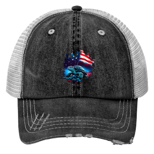 America turtle under Moon with American Flag Print Trucker Hats