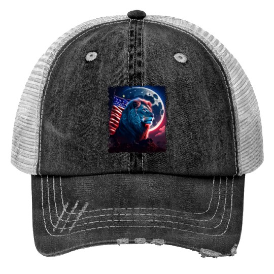 America lion under Moon with American Flag Print Trucker Hats