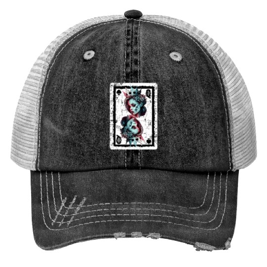 Queen of Spades Gothic Card Game Halloween Creepy Print Trucker Hats