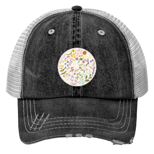 Colorful Wildflower Circle on Pink Print Trucker Hats
