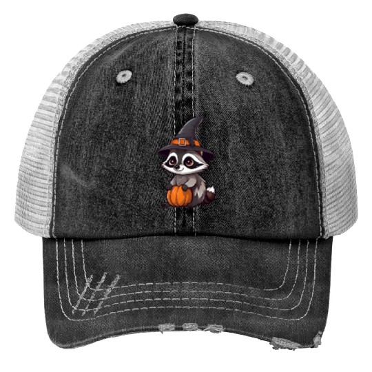 Cute Halloween raccoon with a witch hat. Print Trucker Hats