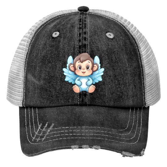 monkey chimpanzee angel wings cute kawaii Print Trucker Hats