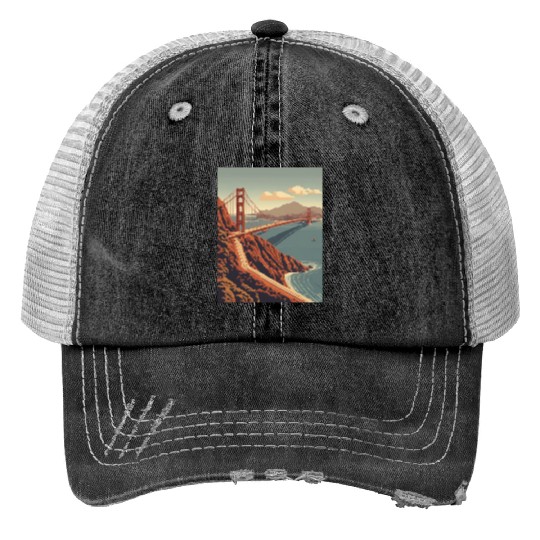 Golden Gate Bridge California Print Trucker Hats, Golden Gate