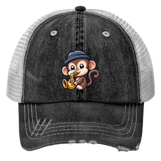 Chimpanzee with saxophone Print Trucker Hats