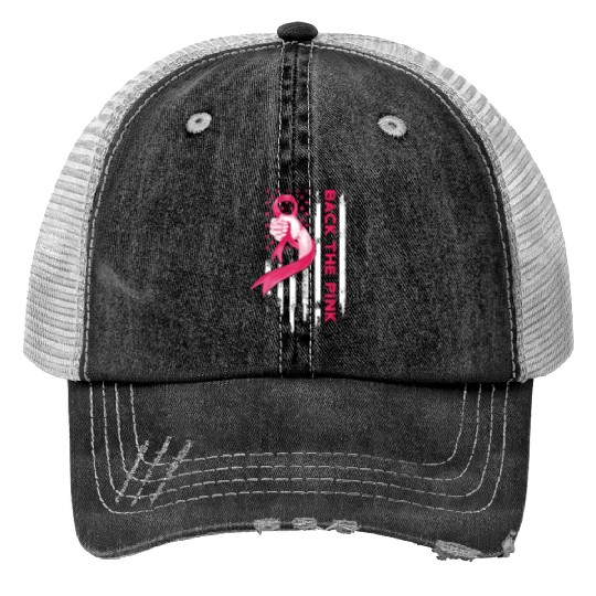 American Flag Back Pink Breast Cancer Awareness Print Trucker Hats