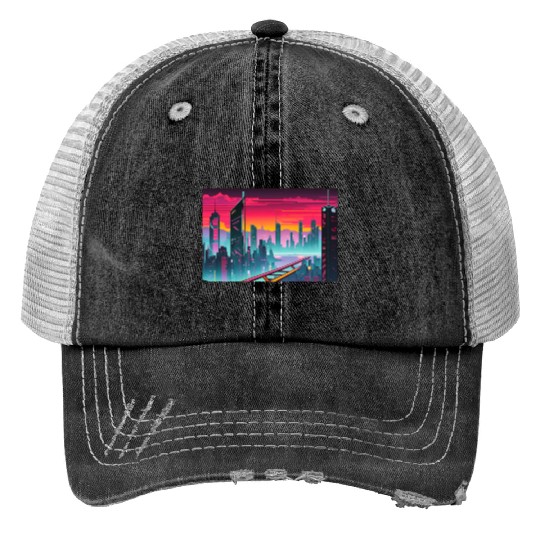 Cyberpunk Cityscape Print Trucker Hats