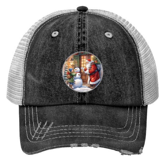 Santa Claus and a snowman distributes gifts. Print Trucker Hats